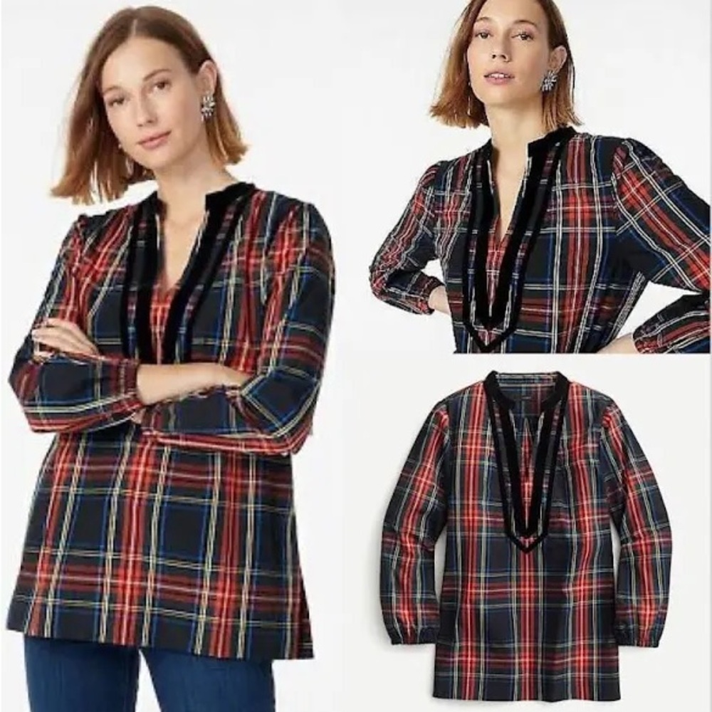 J. Crew Stewart Tartan Plaid Tunic with Velvet trim